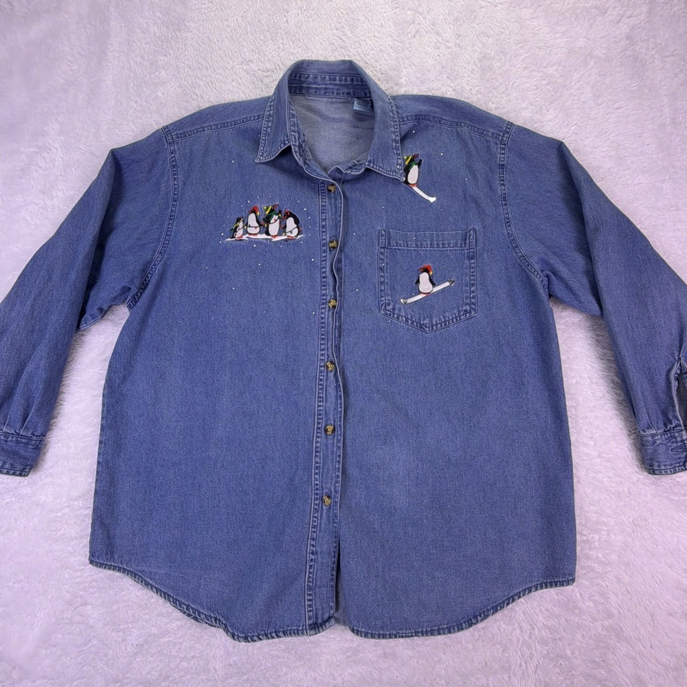 Vintage‎ Blue Denim Button-Up L/S Shirt Embroidered Snow Penguins Women's XL